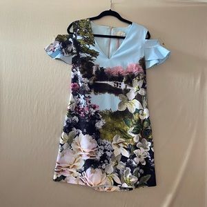 Ted Baker Floral Pond Scene Cold Shoulder Dress With Heels Included